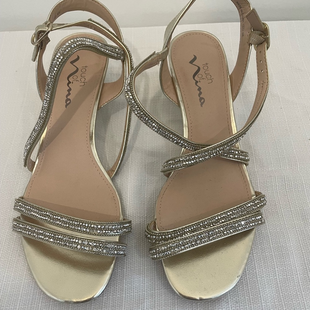 David’s Bridal, Touch of Nina Crystal Criss-Cross Strap Wedge Sandals | Gold